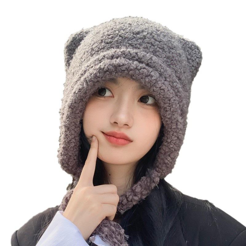 Cute bear wool hat female winter face small warm knitted hat big head envelope ear tide