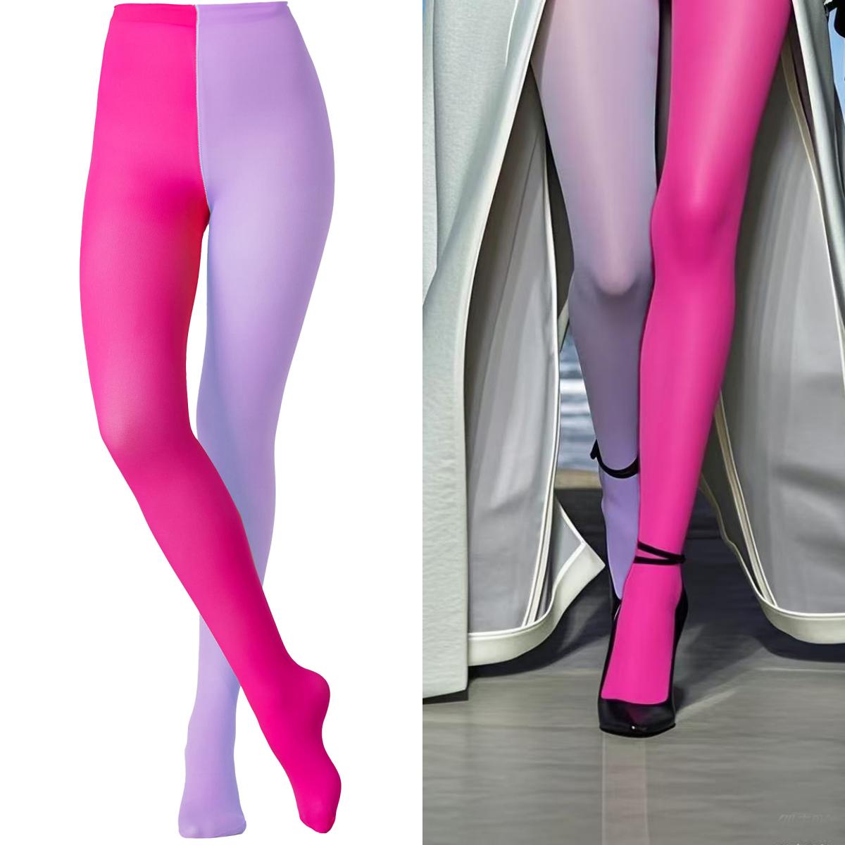 Yiran Sexy Lingerie Women's Two-Toned Dopamine Color Pantyhose Split Color Tights Asymmetric Tights Duo Tights Bicolor Tights 2 Color 170Cm