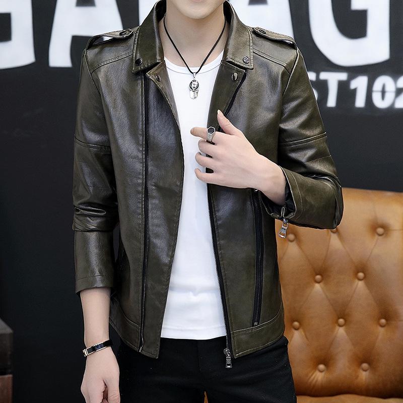 מעיל עור סתיו חורף גברים מעיל אופנוען חדש מעיל עור PU נאה קוריאני Slim Fit צד רוכסן מעיל עור