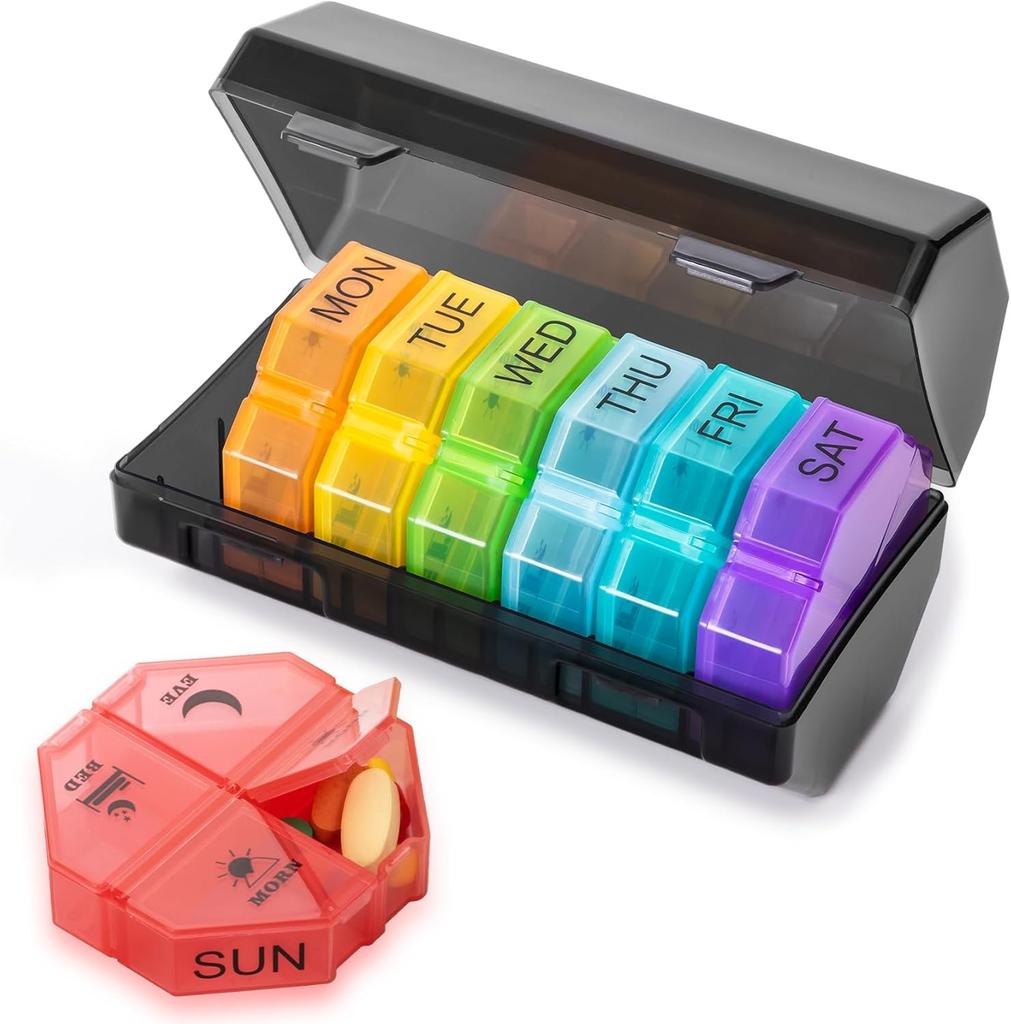 Portable Travel Weekly Pill Organizer Box Case 4 Times A Day 28 Extra Large Compartments Organizer Container for Vitamin Fishoil