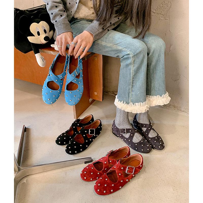 Niche Trendy Brand Large Size Retro Rivet Cross Buckle Mary Jane Single Shoes 25 New Round Head Flat Ballet Shoes