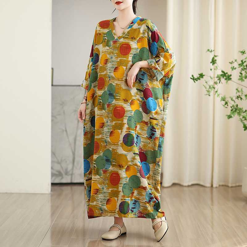 New Color Travel V-neck Retro Long Skirt Cotton Linen Dress