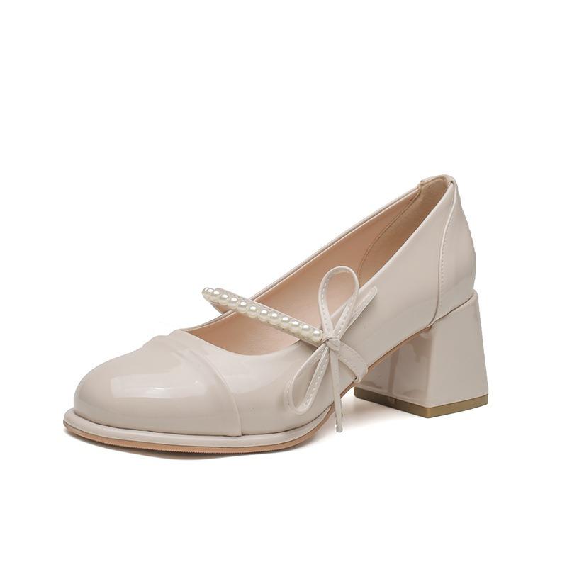 High heels women's summer new thick heel gentle bow pearl Mary Jane shallow mouth single shoes women