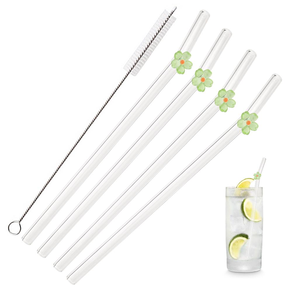

Набор из 5 соломинок для питья с цветами из высокоборосиликатного стекла, набор изогнутых соломинок со щеткой, соломинки для молочного коктейля, кофе, коктейля, барная посуда для напитков зелёный