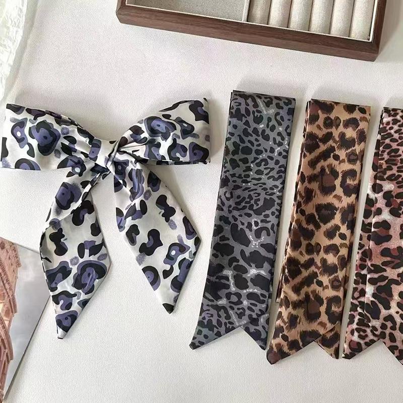 Luxury Leopard Print Tie Painting Silk Scarf Women Long Ribbon Skinny Bag Handle Ribbon Scarves Lady Spring Neckerchief Hairband