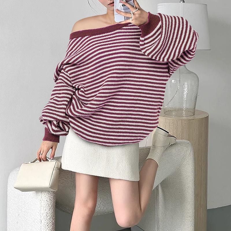 VONDA Women Jumpers Long Sleeve Striped Knitted Pullover Sweaters Knitwear