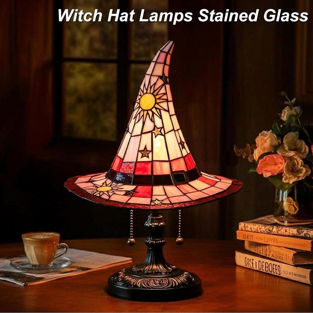 Witch Hat Lamps, Stained Glass Witch Hat Lamp with Mystical Charm, Lamps Stained Glass, Handmade Shape Gothic Lamp for Wiccans and Halloween Lovers,