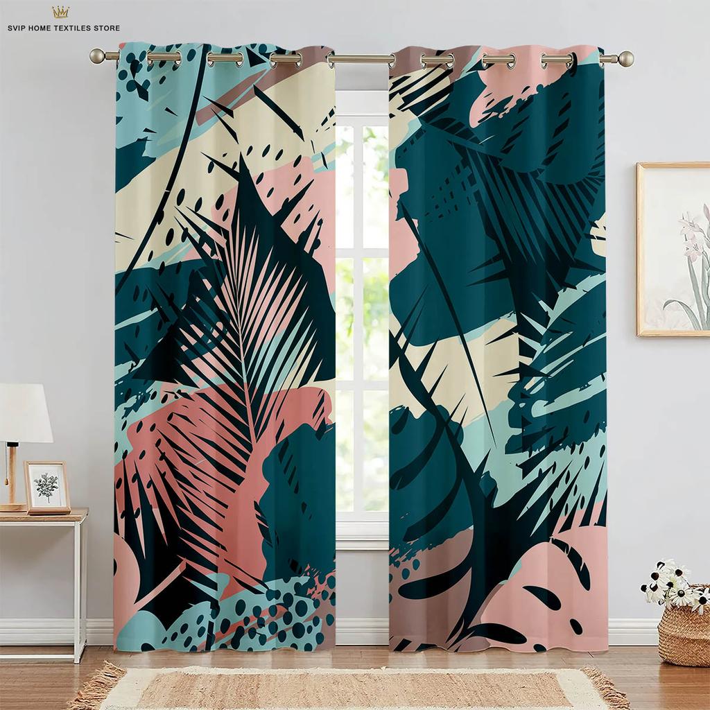 Perdele cu imprimeu cu frunze de vegetație tropicală, fibră de poliester, perdele în stil nordic, potrivite pentru dormitor, sufragerie, decor