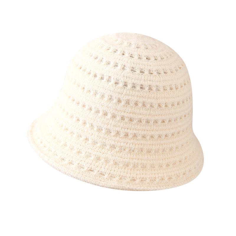 Hollow knitted bucket hat women's spring and autumn new solid color versatile basin hat showing small face breathable sunshade bucket hat