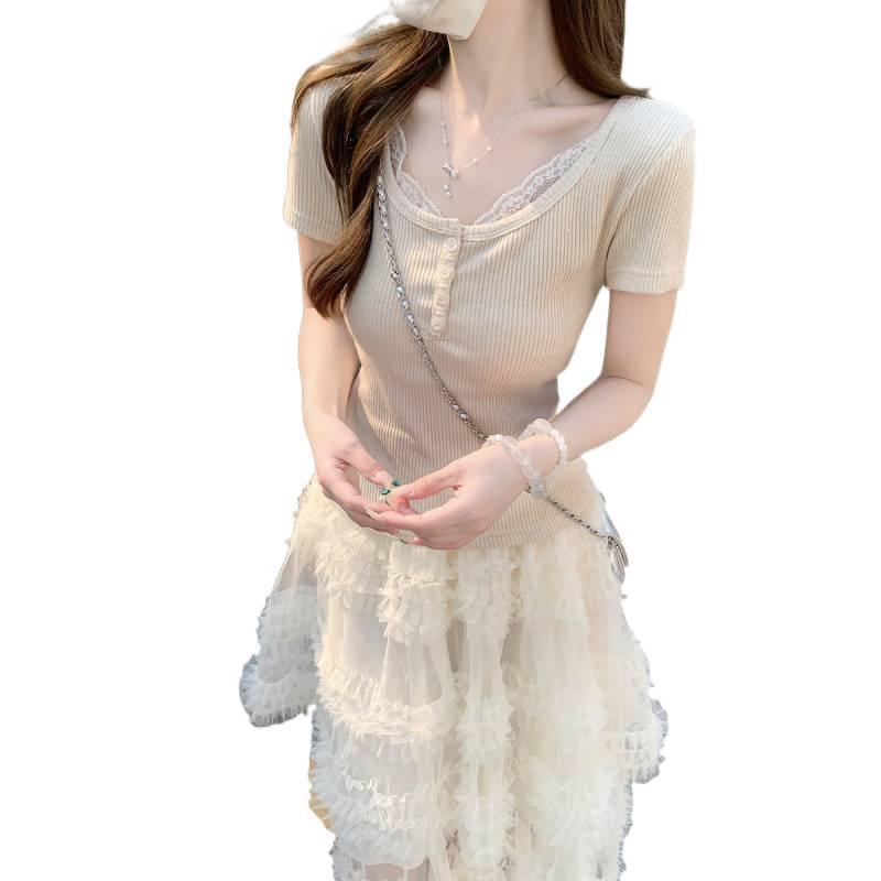 Summer Korean Style Sweet Square Neck Lace Trim Button Slim Fit Short Sleeve Top