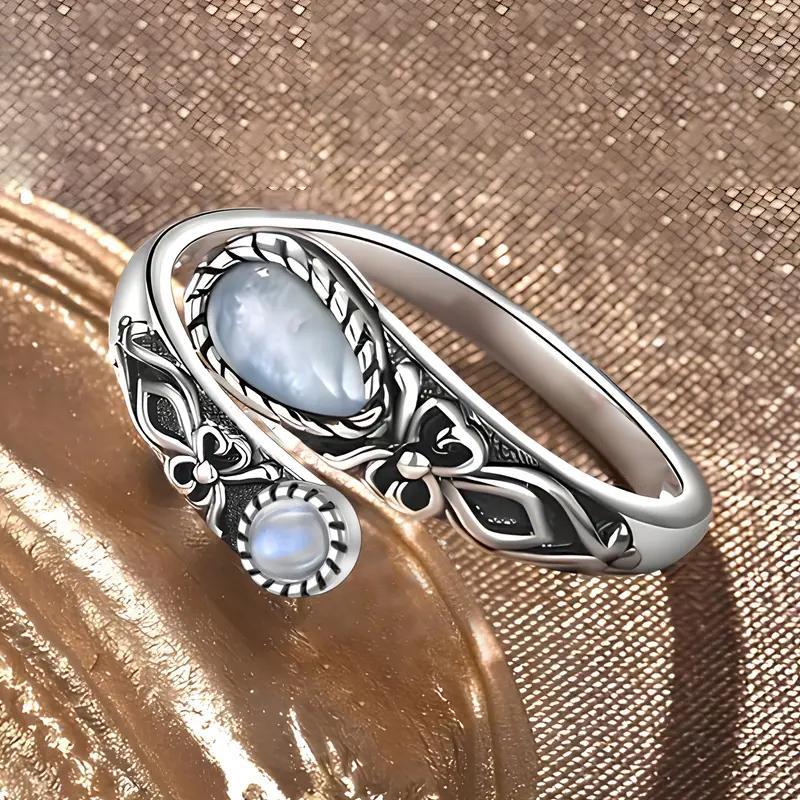 1 шт. Кольцо с лунным камнем Регулируемое кольцо Бохо Винтажное кольцо-ложка Бабочка Синтетический камень Подарок серебряный