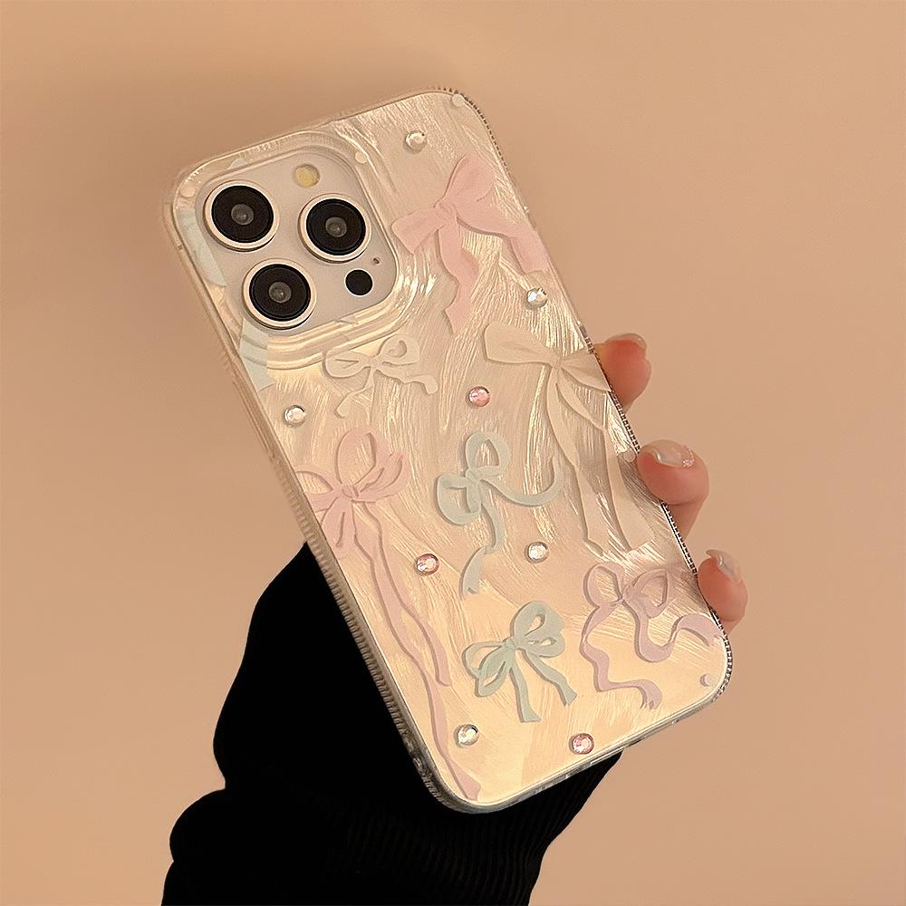 Sweet Girl Ins Bow Apple 15pro Max Mobile Phone Case 14 Suitable for Iphone16 Feather Yarn 1112 Korean