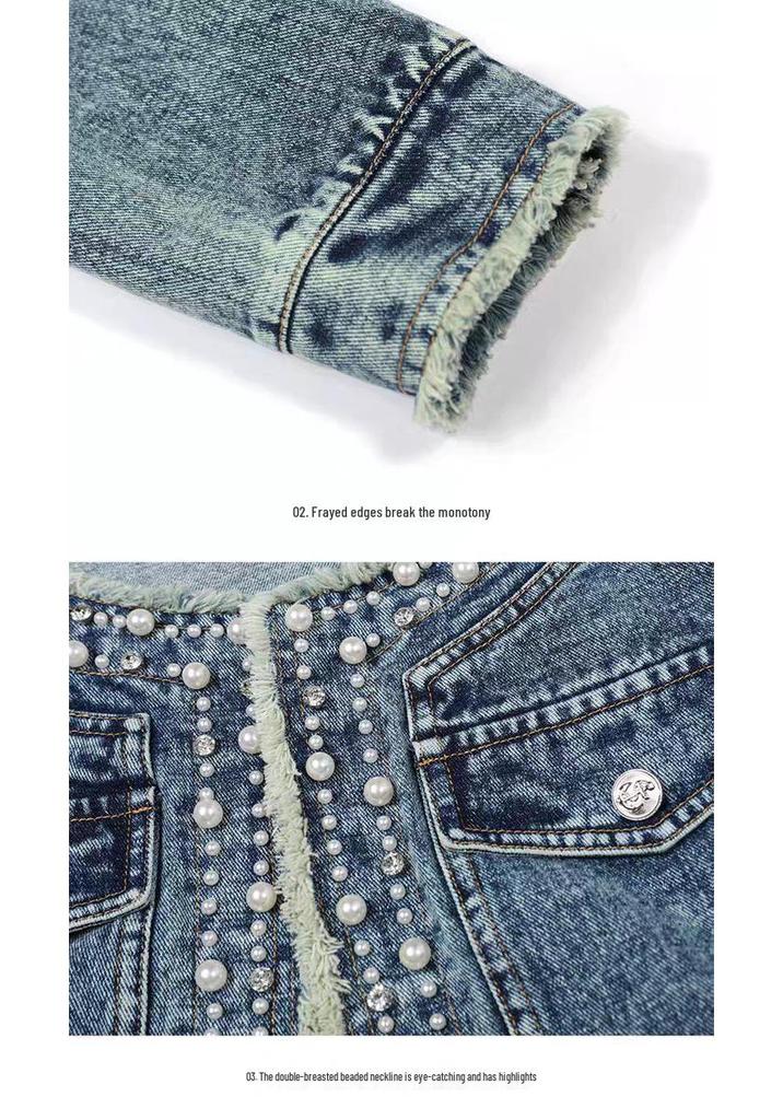 Giacca di Jeans con Perline Versatile di Alta Qualità Resistente
