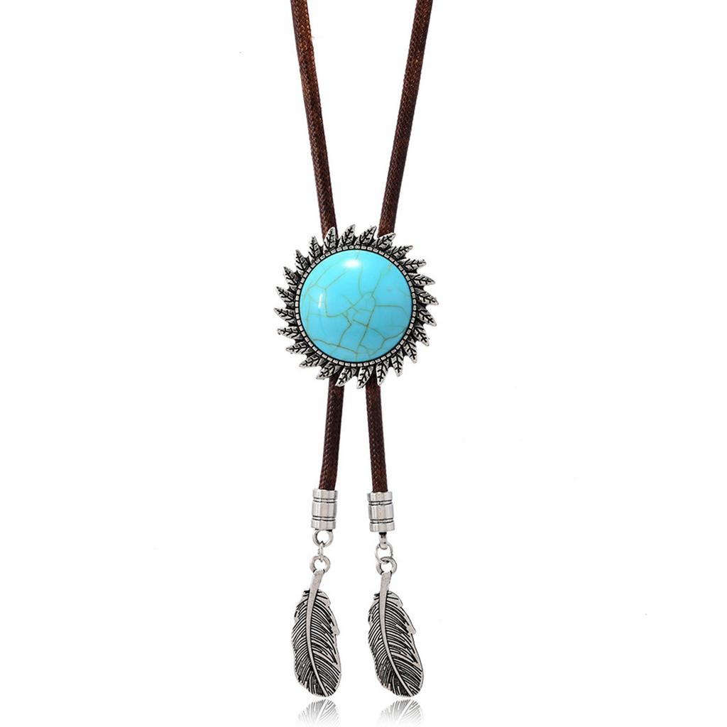 Men's Faux Leather Cord Bolo Tie Western Cowboy Necktie Antique Floral Stone Jewelry Feathered Pendant Western Necklace