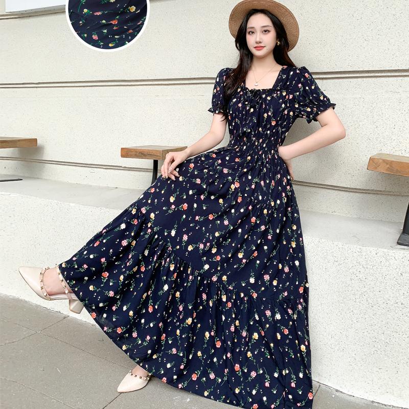 Summer Cotton Silk Floral Print Maxi Dress Bohemian Beachwear High Waist Young Women's Large Skirt Swing Dress