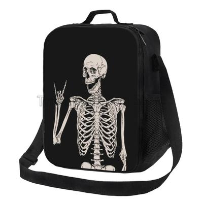 Halloween Szkielet Śmieszna Czaszka Przenośna Torba na Lunch Izolowany Lunchbox Torby Wielokrotnego Użytku z Regulowanym Paskiem do Pracy na Piknik na Plażę