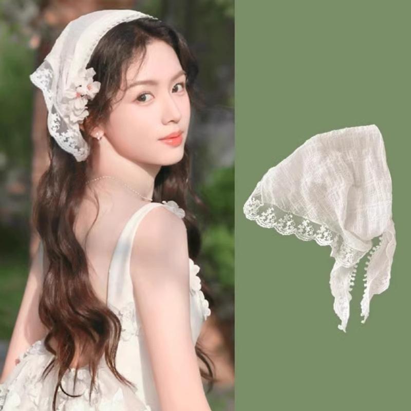 Comfortable Breathable Fabric Lace Bandana Headscarf for Women French Integrated Headwrap Pastoral Hair Decoration