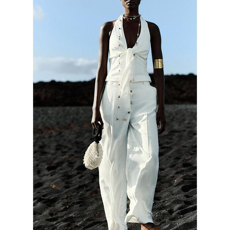 Knot Hanging Collar Lace-up Vest Vest 1608130 Pleated All-Match Wide-Leg Casual Trousers 1608030