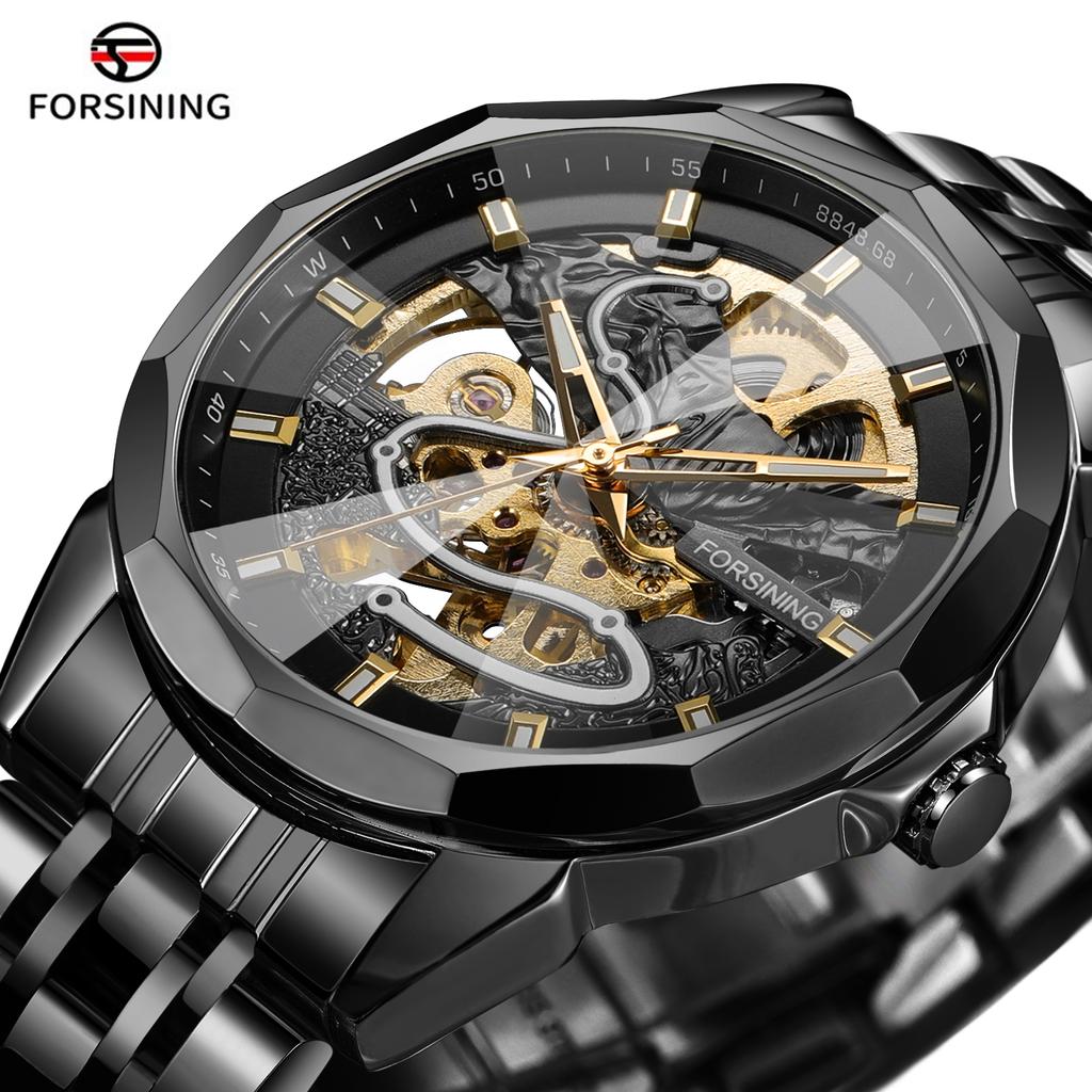 FORSINING Original Gold Skeleton Mechanical Man Watch Automatic Movement Clock Luxury Stainless Steel Men's Watches