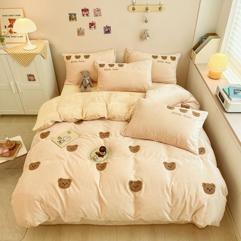 Cartoon Milk Velvet Four Piece Patch Embroidered Coral Velvet Quilt Cover Flannel Sheet Quilt Cover