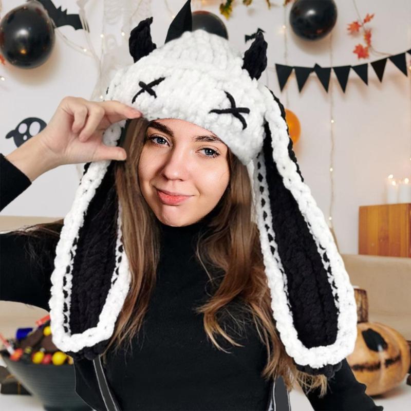 Handmade Crochet Cap with Devil Horn Long Ears Stretchy Pullover Hat Winter Warmth Hat Halloween Cosplay Head Accessory