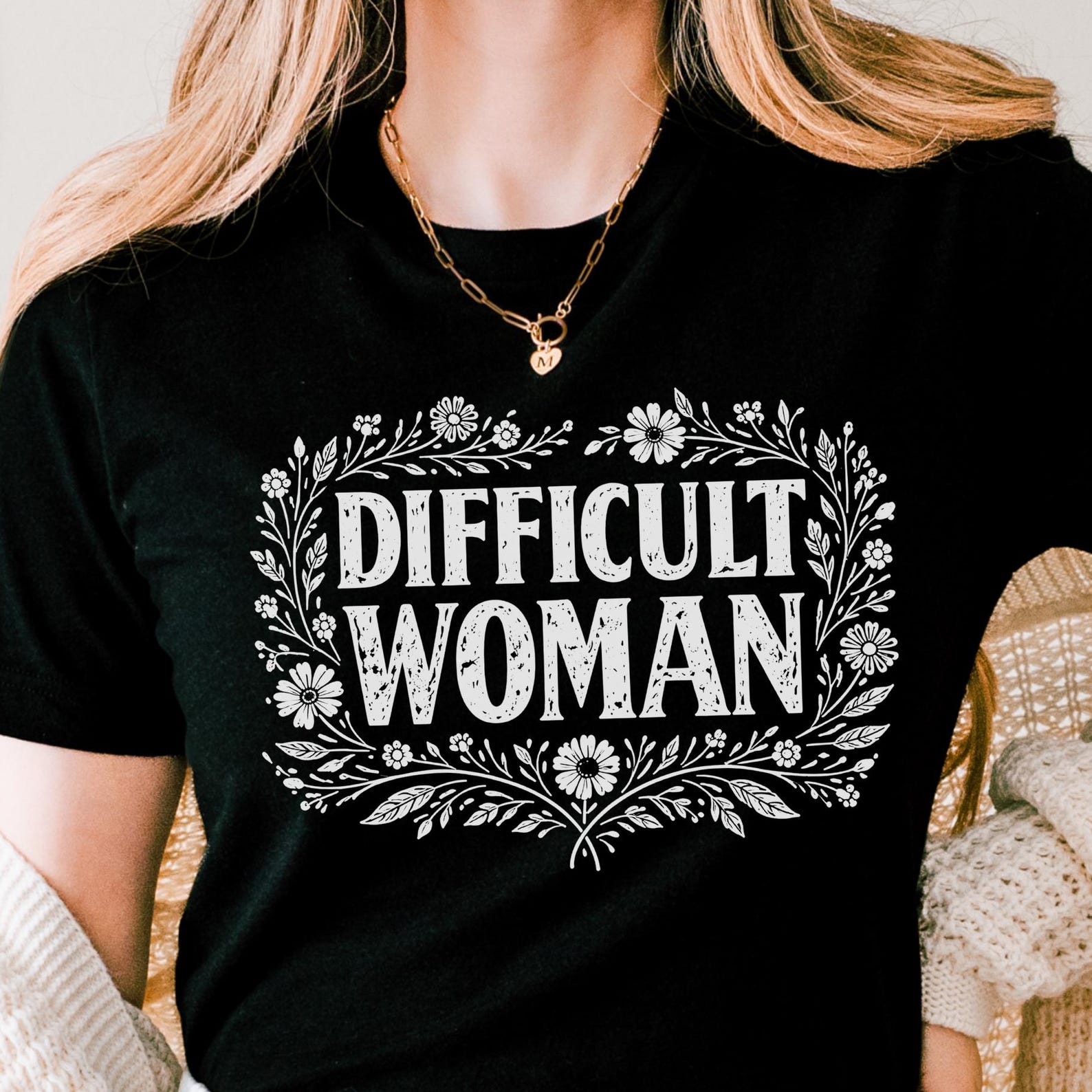 Difficult Woman Floral Linocut Shirt | Feminist Statement Tee L