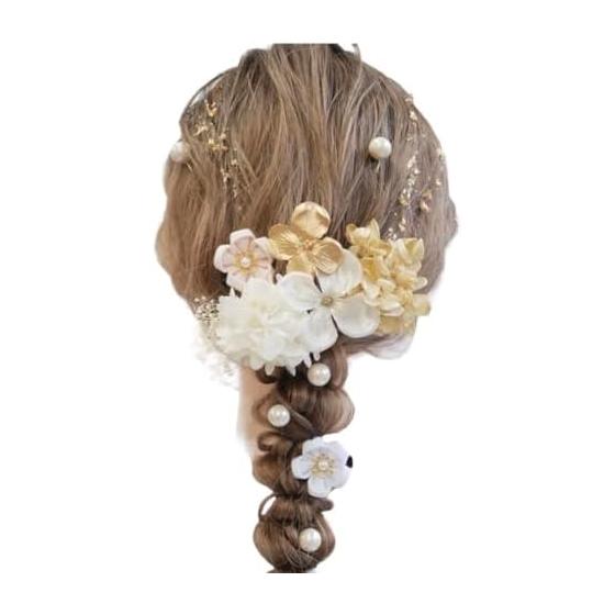 Lomeri Tsumami Zaiku Chirimen Hair Accessory for Coming-of-Age Ceremony, Graduation, Wedding, Furisode - White Gold A420