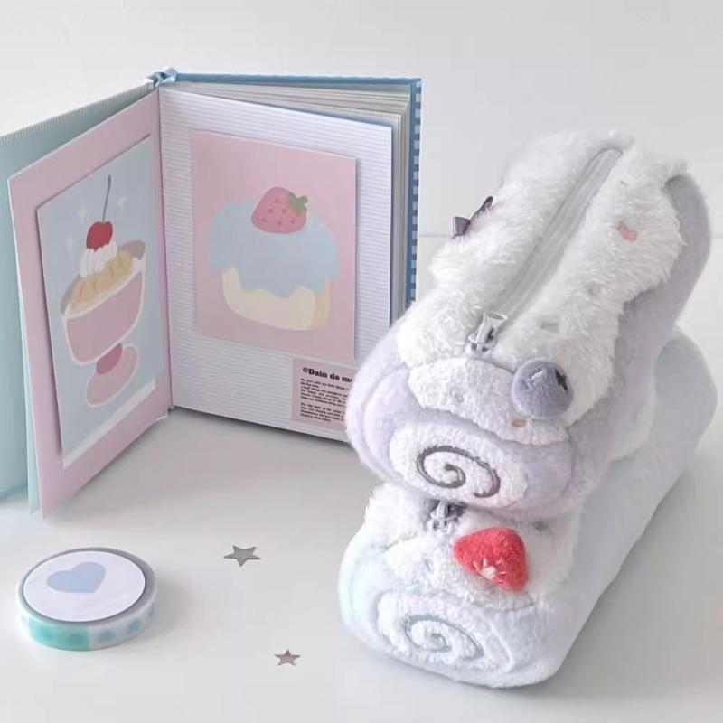 1 Peça Fofo Creme Rolo Suíço Macio Pelúcia Estojo para Lápis Zíper Grande Capacidade Estudante Escolar Saco de Armazenamento para Material