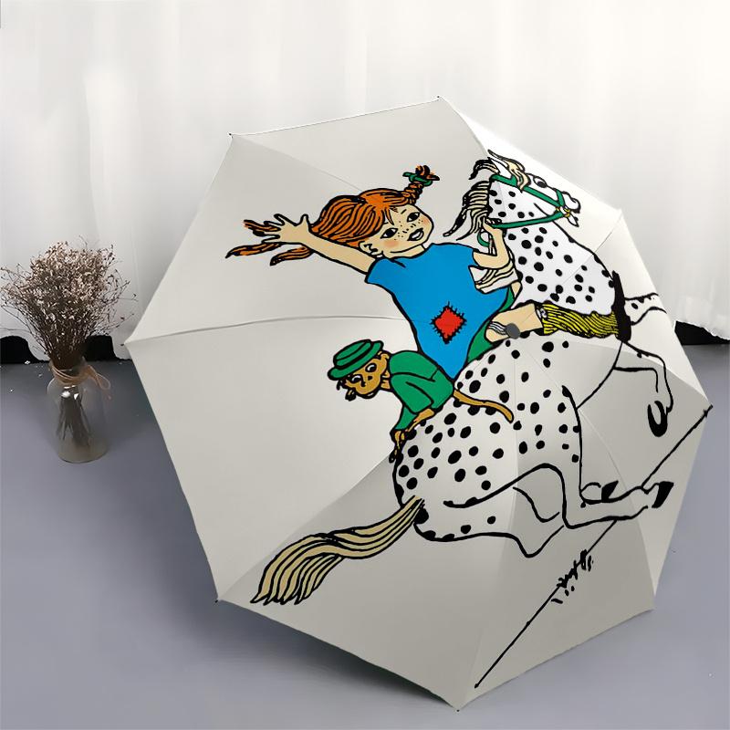Pippi Longstocking Themed Travel Umbrella-8 Ribs Automatic Opening and Closing, Portable Folding Design, Compact and Stylish Umbrella Suitab
