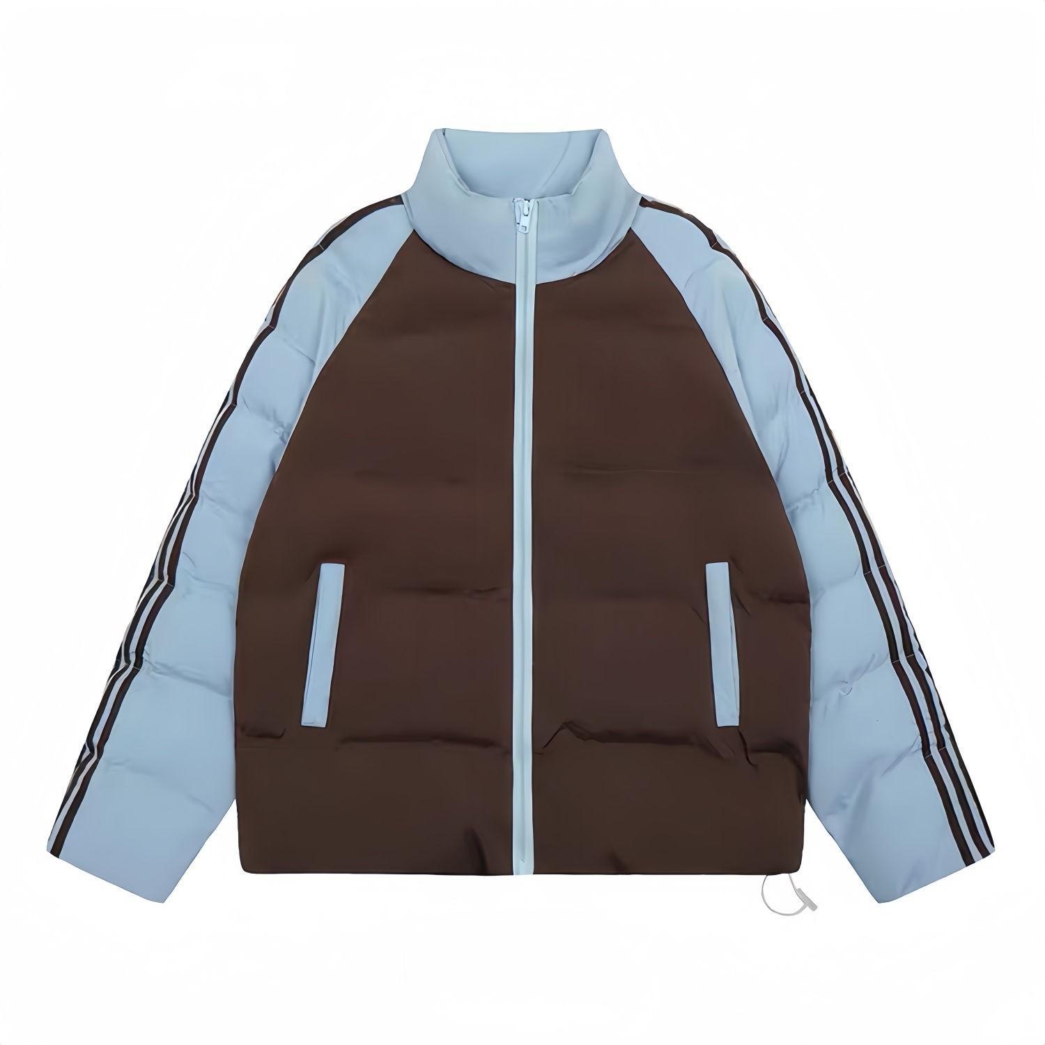 

Женское зимнее пальто с цветными вставками, полосатое, на хлопковой подкладке, для пары, свободного кроя, утолщенное, типа «хлеб». XL синий