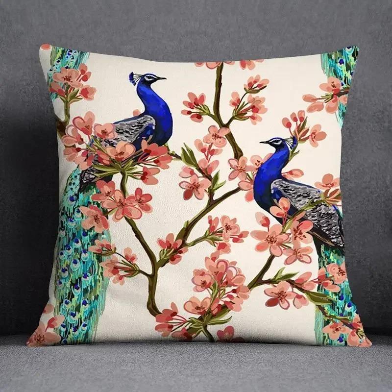Pfauen und Blumen Bedruckte Kissenbezüge Muster Kissenbezug Geeignet für Sofa Schlafzimmer Auto Kissenbezug
