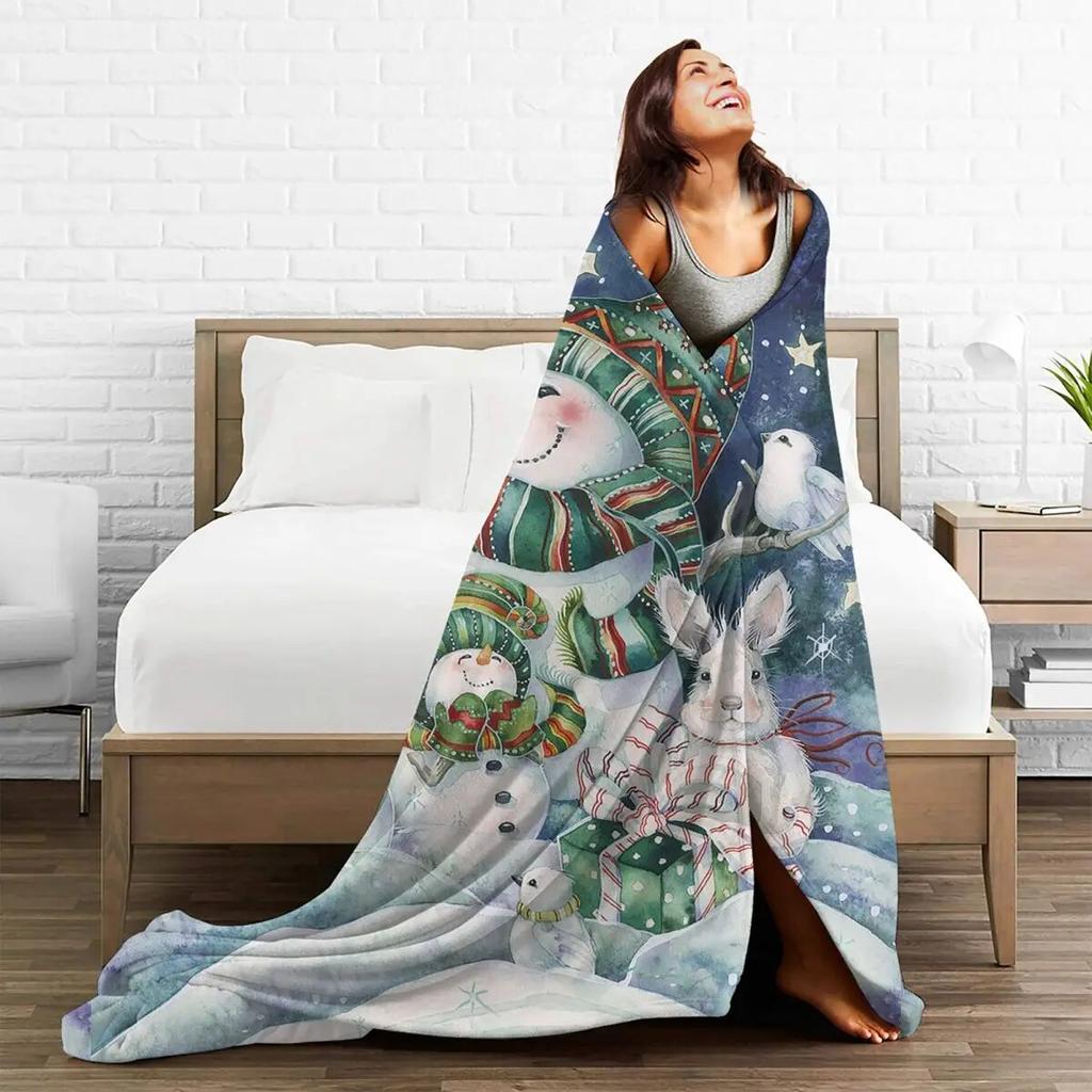Cute Snowman Merry Christmas Knitted Blankets Fleece New Year Soft Throw Blankets for Bedding Couch Bed Rug