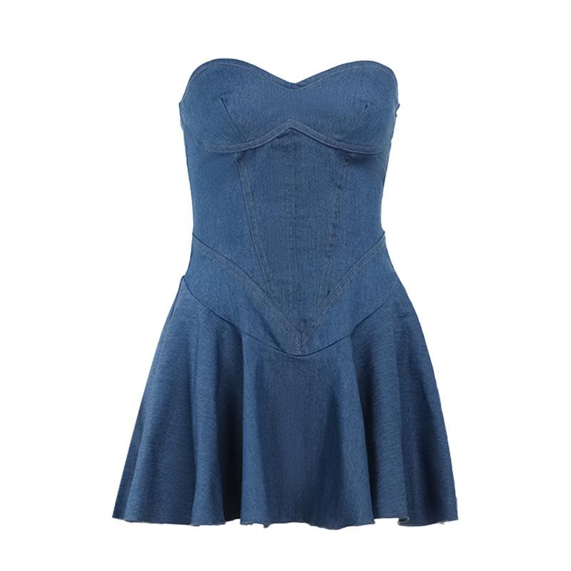Spring and Summer European and American Fashion Tube Top Imitation Denim Solid Color Slim Fit A Short Skirt Sexy Babe Dress