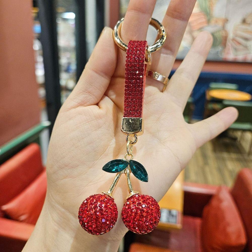Korean Ins Full Rhinestones Cherry Keychain High-end Rhinestone Car Keyring Girls Boys