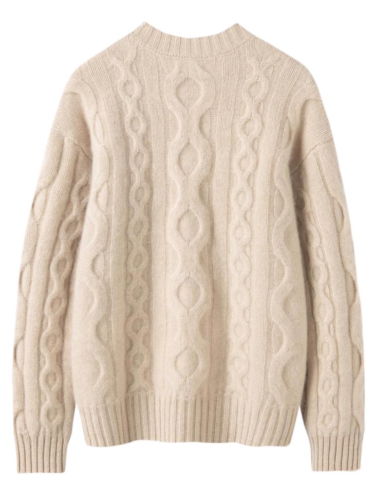 Women's Round Neck Cable Knit Cashmere Sweater - 2026 Autumn/Winter, Gentle Style, Solid Color, Thick and Warm Base Layer.