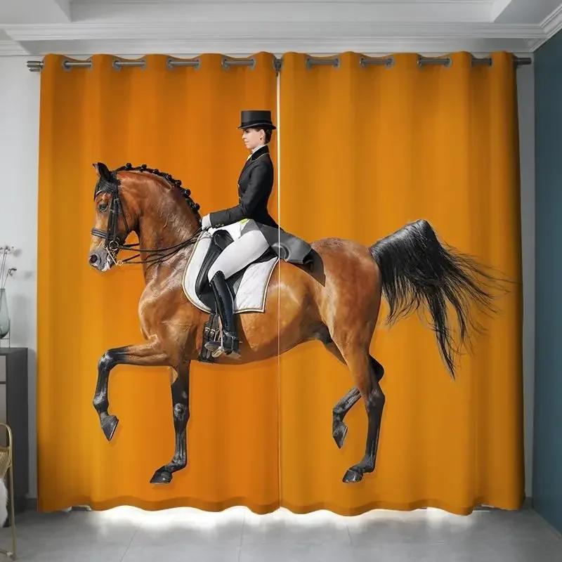 Pferdevorhänge, laufende Kastanienpferde, Stute und Fohlen, Wiese, malerischer Sommertag im Freien, Wohnzimmer, Schlafzimmer, Fenstervorhänge, blass W60H60(CM)x2PCS&Grommet Top