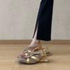 Sheepskin Version! Sandals Women's French Stunning Rhinestone Square Head Open Toes Crossed Rear Strap Not Tired Foot Slope Heel Roman Shoes
