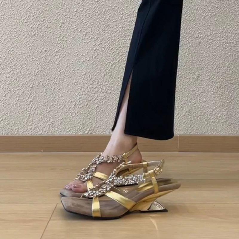 Sheepskin Version! Sandals Women's French Stunning Rhinestone Square Head Open Toes Crossed Rear Strap Not Tired Foot Slope Heel Roman Shoes