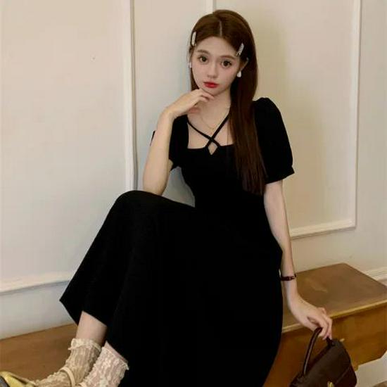Elegant French Square Neck Puff Sleeve Maxi Dress - Plus Size, Slimming Waist XL