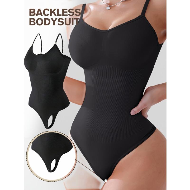 Elegant Solid Color Backless Bodysuit for Women High Support Tummy Control Slimming Design Nylon-Elastane Blend