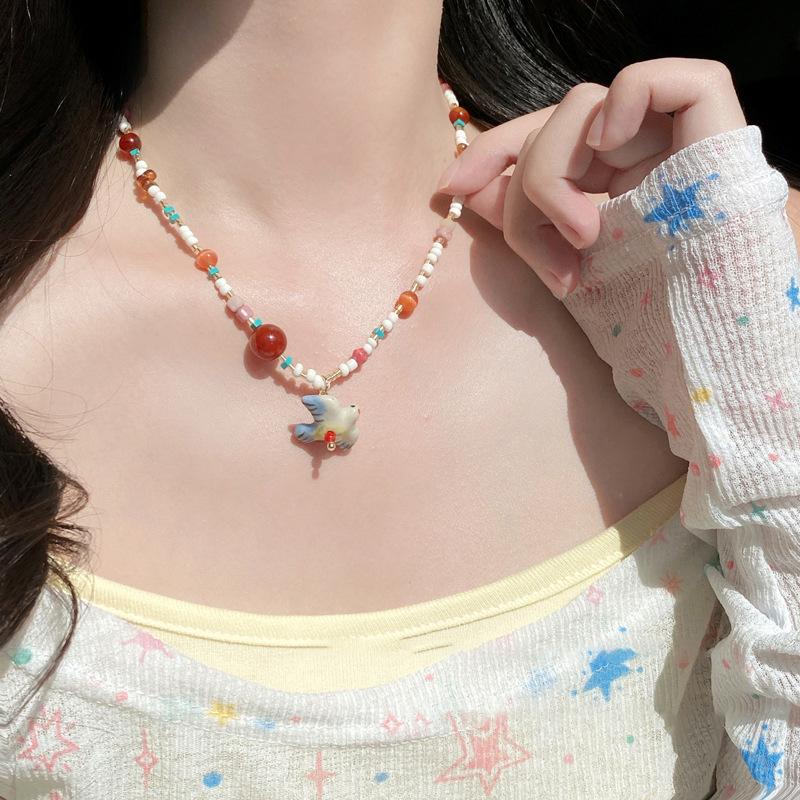 

агат натуральный камень птица бисерный кулон ожерелье милая цепочка на ключицу модные маленькие свежие универсальные украшения