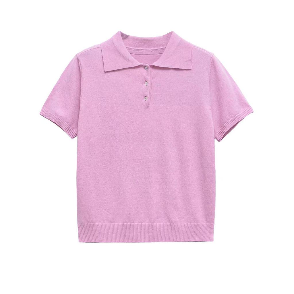 2025 Spring Women's Slim Fit Knit Sweater - Sweet & Simple Turn-Down Collar, Short-Sleeved