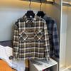 Spring and Autumn American Retro Plaid Thick Shirt, Heavy-Duty Pure Cotton Distressed Pocket Workwear Brushed Long-Sleeve Shirt for Men