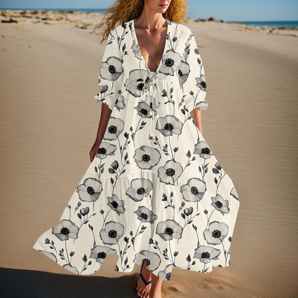 Women's Summer Fashion V-neck Retro Floral Print Short Sleeved Beach Dress With Lace Patchwork Dress