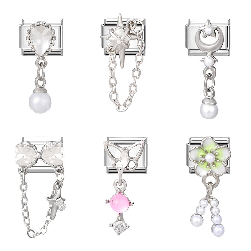 Women Zircon Heart Butterfly Moon Star Bow Pearl Pendant Italian Charm Links Fit 9mm Stainless Steel Bracelet DIY Making Gifts
