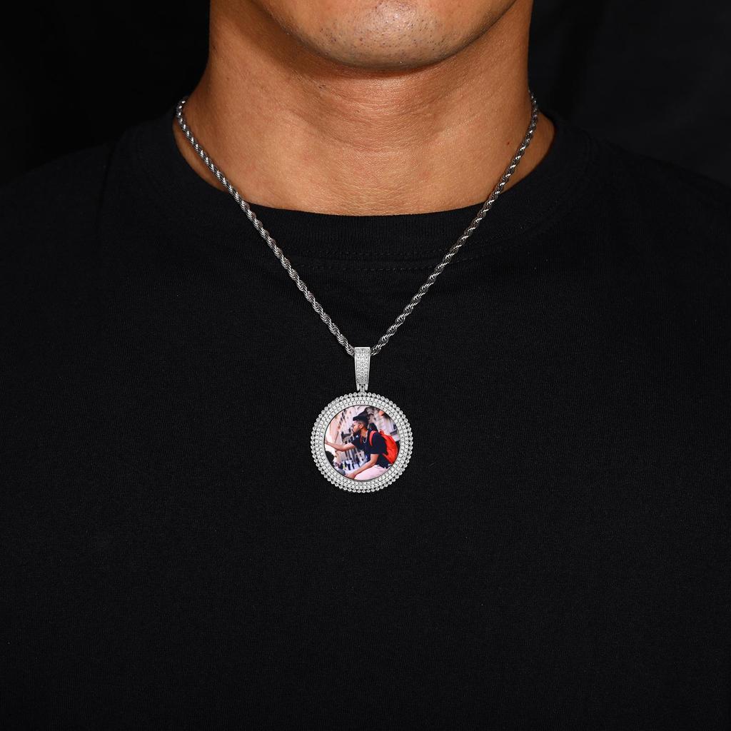 Trendy Hip Hop Round Photo Pendant Necklace with Copper and Zircon Inlays - Customizable