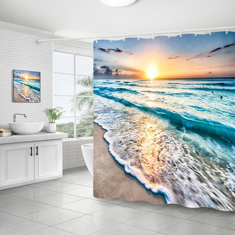 Shower Curtain Bathroom Fabric Non-Punching Beach Natural Scenery Digital Printing Shower Curtain With 12 Hooks