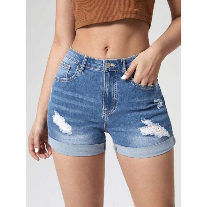 

Женские джинсовые шорты эластичные с высокой посадкой рваные джинсовые шорты Light Blue XXL