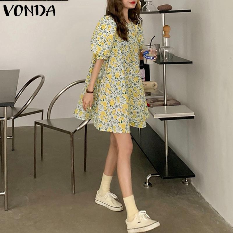 

VONDA Женское летнее свободное короткое платье с круглым вырезом и короткими рукавами с принтом