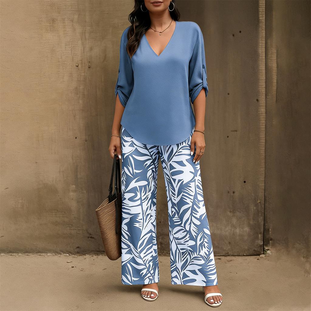 Damen 2-teiliges Mode-Freizeit-Set: Lockerer V-Ausschnitt-Top + Weit geschnittene Hose Loungewear